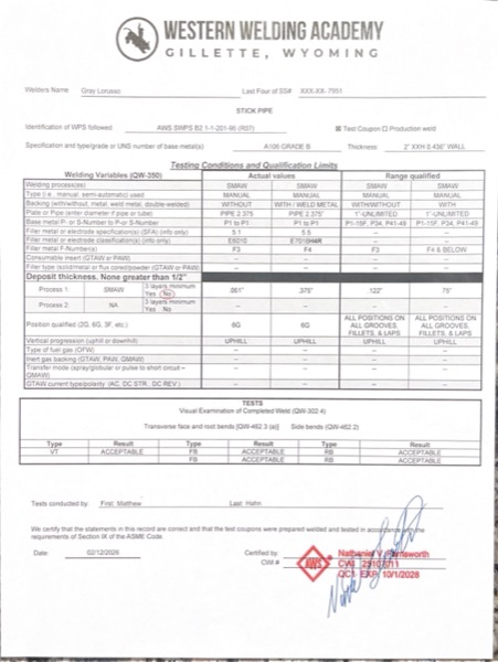 SMAW Stick Pipe 2 inch XXH 6G, AWS SWPS B2.1-1-201-96 R07
