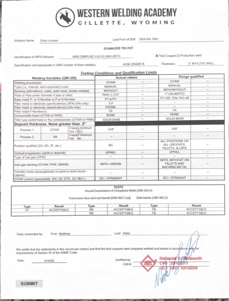 Stainless TIG Out 2 inch XH 6G — AWS SWPS B2.1-8-212-2001 R11, ER308L