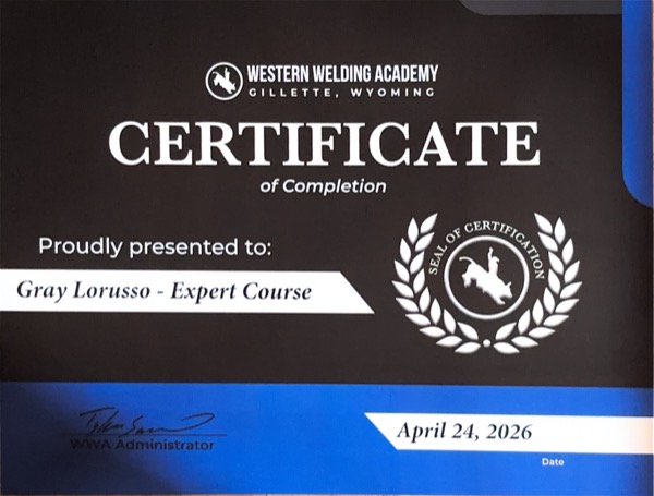 Western Welding Academy Expert Course certificate of completion, April 24, 2026